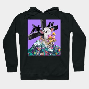 90's style cow and crow eating mushrooms Hoodie